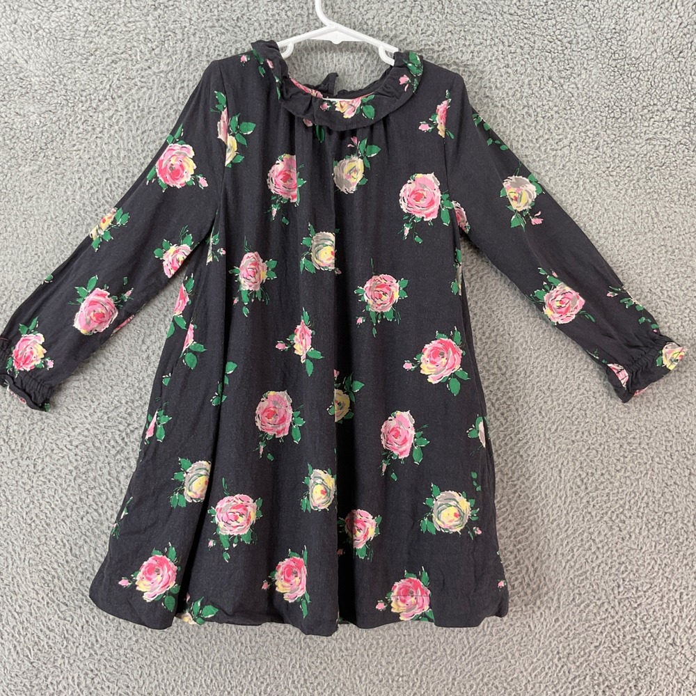 Mini Boden Floral Dress Kids‎ 7-8Y Black Rose Print Autumnal Long Sleeve Ruffle